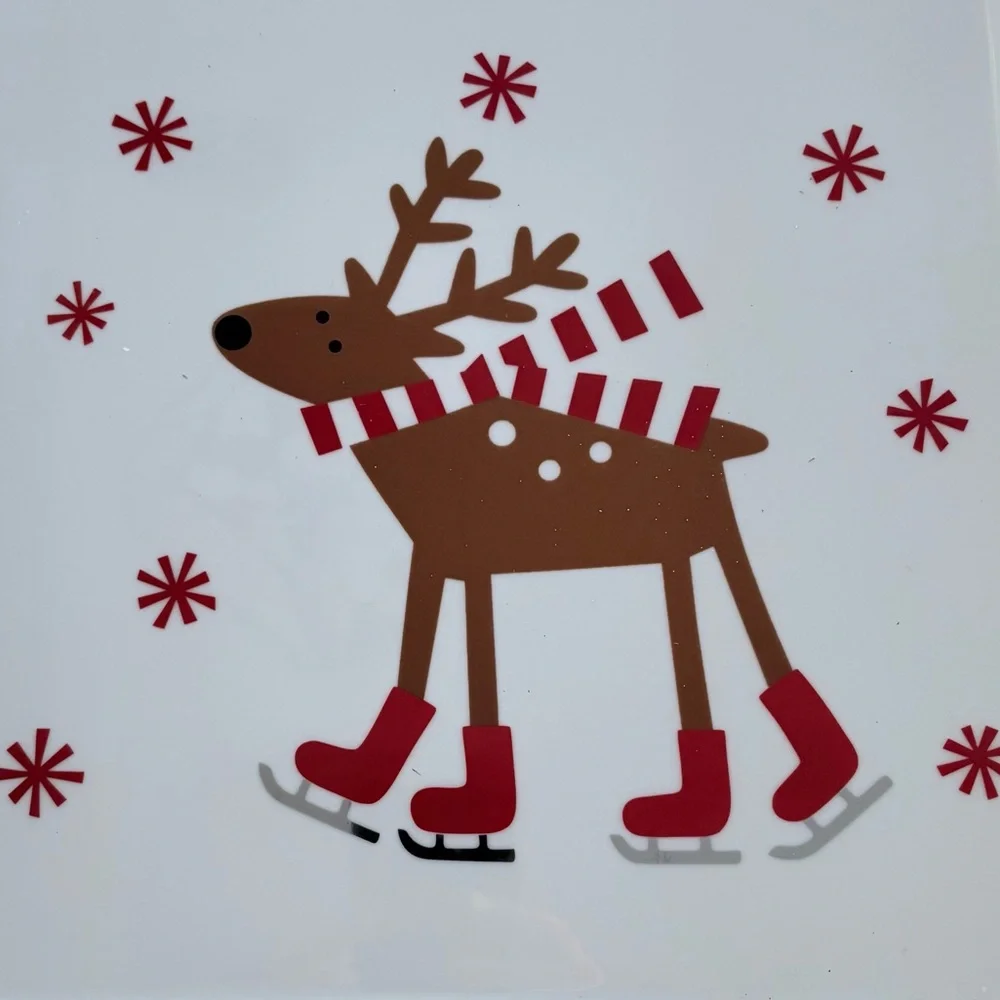 Crate & Barrel Skating Reindeer 12” Square Serving Platter Christmas Holiday NWT
